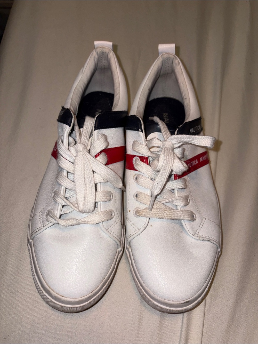 Nautica White Leather Sneakers with a Red and black Stripe Women’s size 9